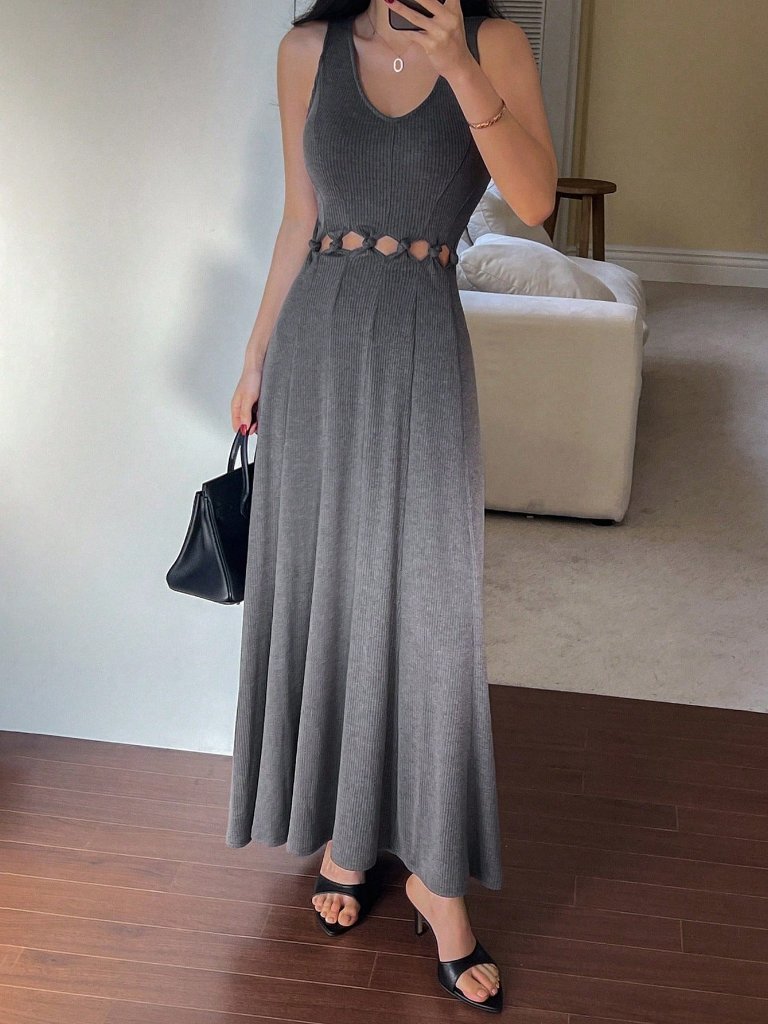 Grey Casual Women's Strap Hollow Back V-Neck Dress